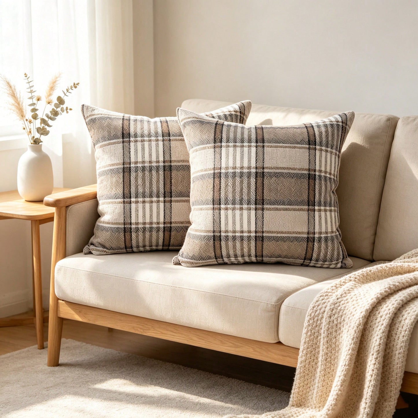 2pcs Neutral Brown Plaid Pillow Covers, Vintage Herringbone Plaid Cushion Covers, Linen Texture Country Style Decorative Pillow Covers, Suitable For Sofa And Bedroom Home Decor, Pillow Insert Not Incl