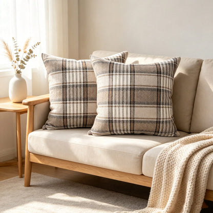 2pcs Neutral Brown Plaid Pillow Covers, Vintage Herringbone Plaid Cushion Covers, Linen Texture Country Style Decorative Pillow Covers, Suitable For Sofa And Bedroom Home Decor, Pillow Insert Not Incl