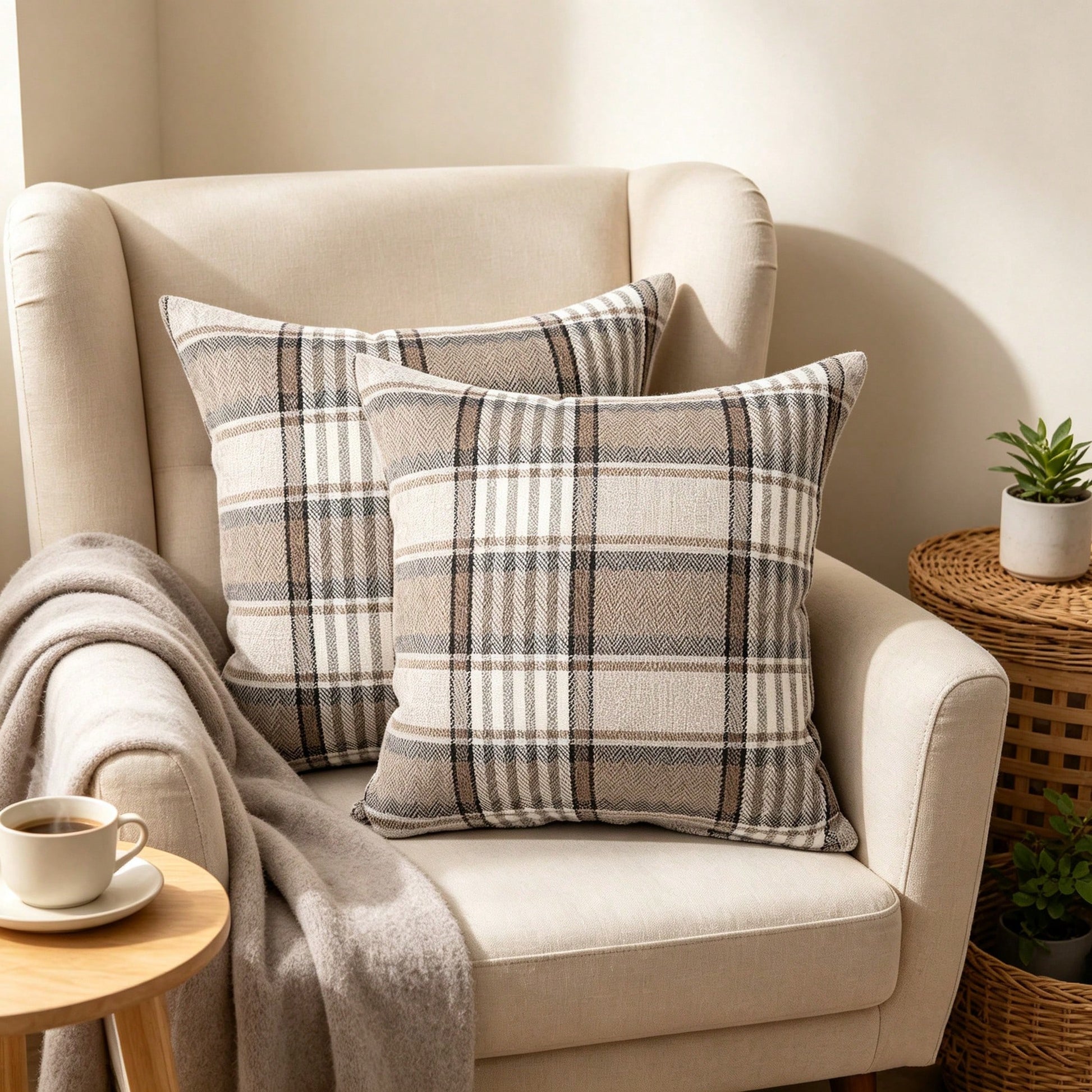 2pcs Neutral Brown Plaid Pillow Covers, Vintage Herringbone Plaid Cushion Covers, Linen Texture Country Style Decorative Pillow Covers, Suitable For Sofa And Bedroom Home Decor, Pillow Insert Not Incl