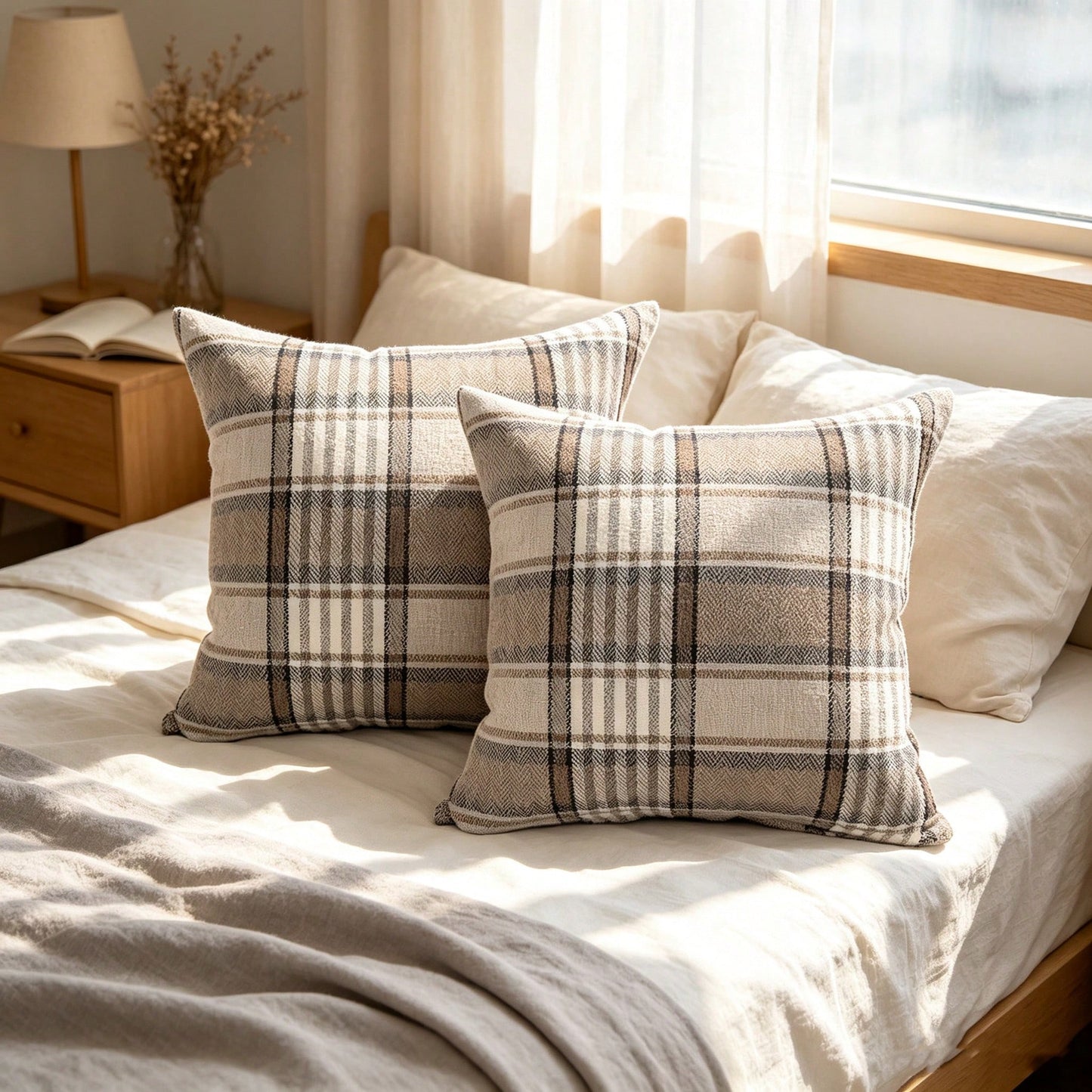 2pcs Neutral Brown Plaid Pillow Covers, Vintage Herringbone Plaid Cushion Covers, Linen Texture Country Style Decorative Pillow Covers, Suitable For Sofa And Bedroom Home Decor, Pillow Insert Not Incl