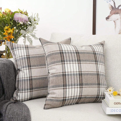 2pcs Neutral Brown Plaid Pillow Covers, Vintage Herringbone Plaid Cushion Covers, Linen Texture Country Style Decorative Pillow Covers, Suitable For Sofa And Bedroom Home Decor, Pillow Insert Not Incl