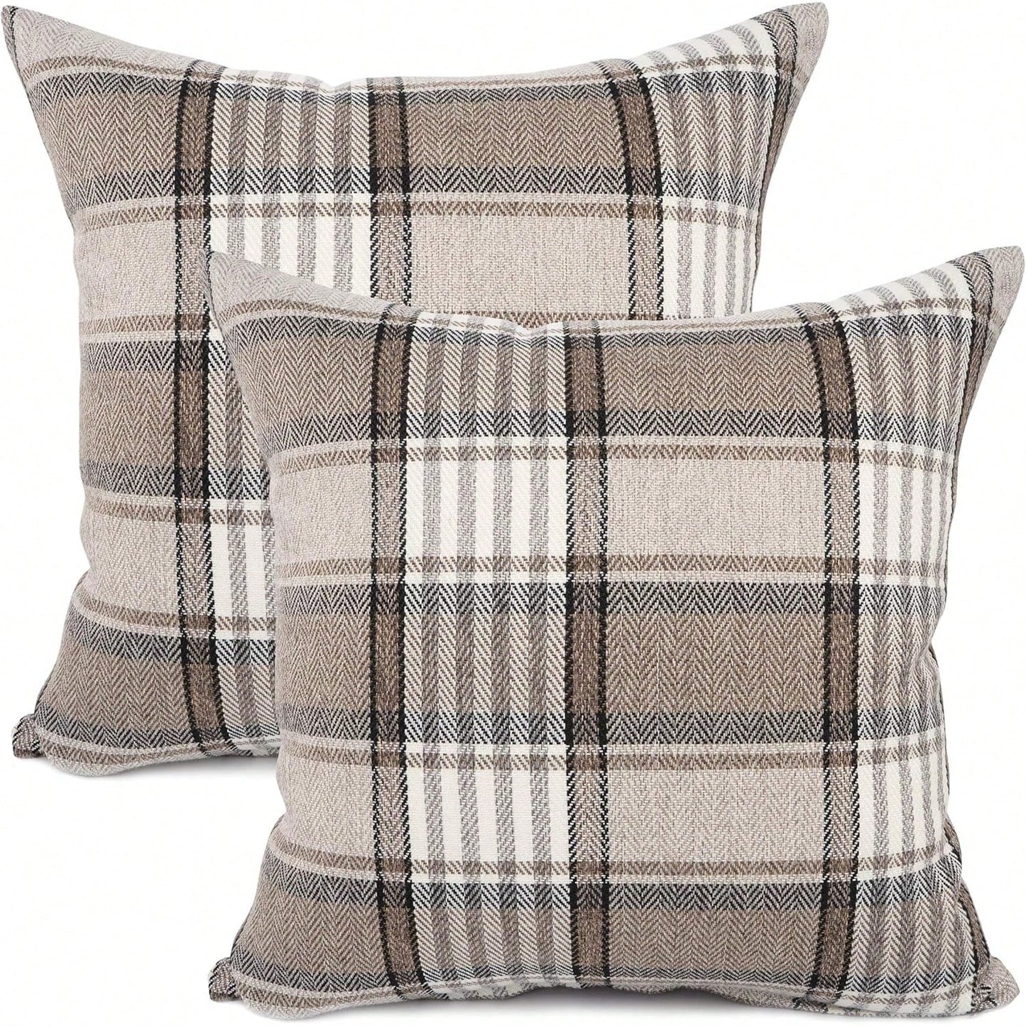 2pcs Neutral Brown Plaid Pillow Covers, Vintage Herringbone Plaid Cushion Covers, Linen Texture Country Style Decorative Pillow Covers, Suitable For Sofa And Bedroom Home Decor, Pillow Insert Not Incl