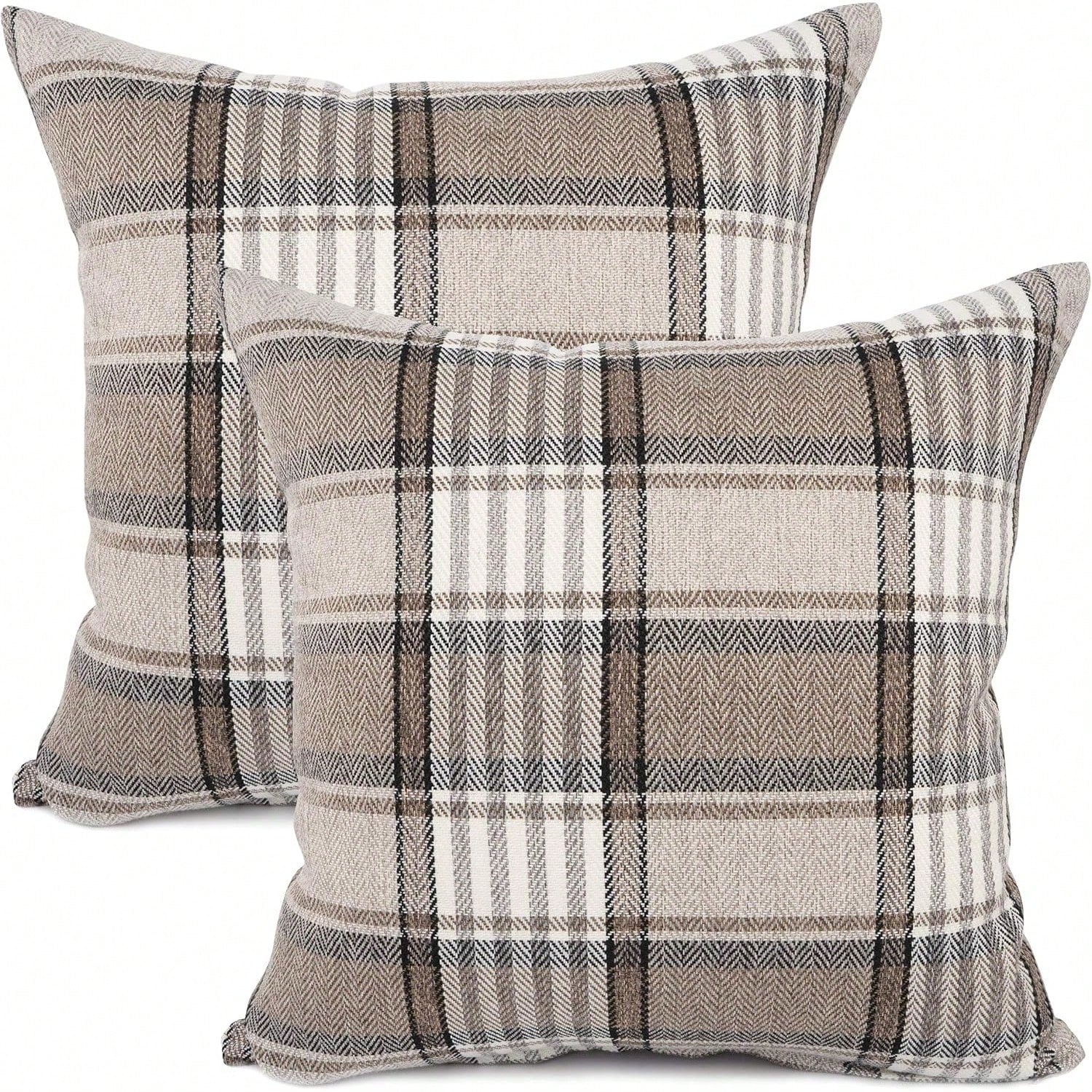 2pcs Neutral Brown Plaid Pillow Covers, Vintage Herringbone Plaid Cushion Covers, Linen Texture Country Style Decorative Pillow Covers, Suitable For Sofa And Bedroom Home Decor, Pillow Insert Not Incl