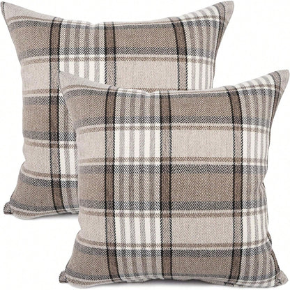 2pcs Neutral Brown Plaid Pillow Covers, Vintage Herringbone Plaid Cushion Covers, Linen Texture Country Style Decorative Pillow Covers, Suitable For Sofa And Bedroom Home Decor, Pillow Insert Not Incl