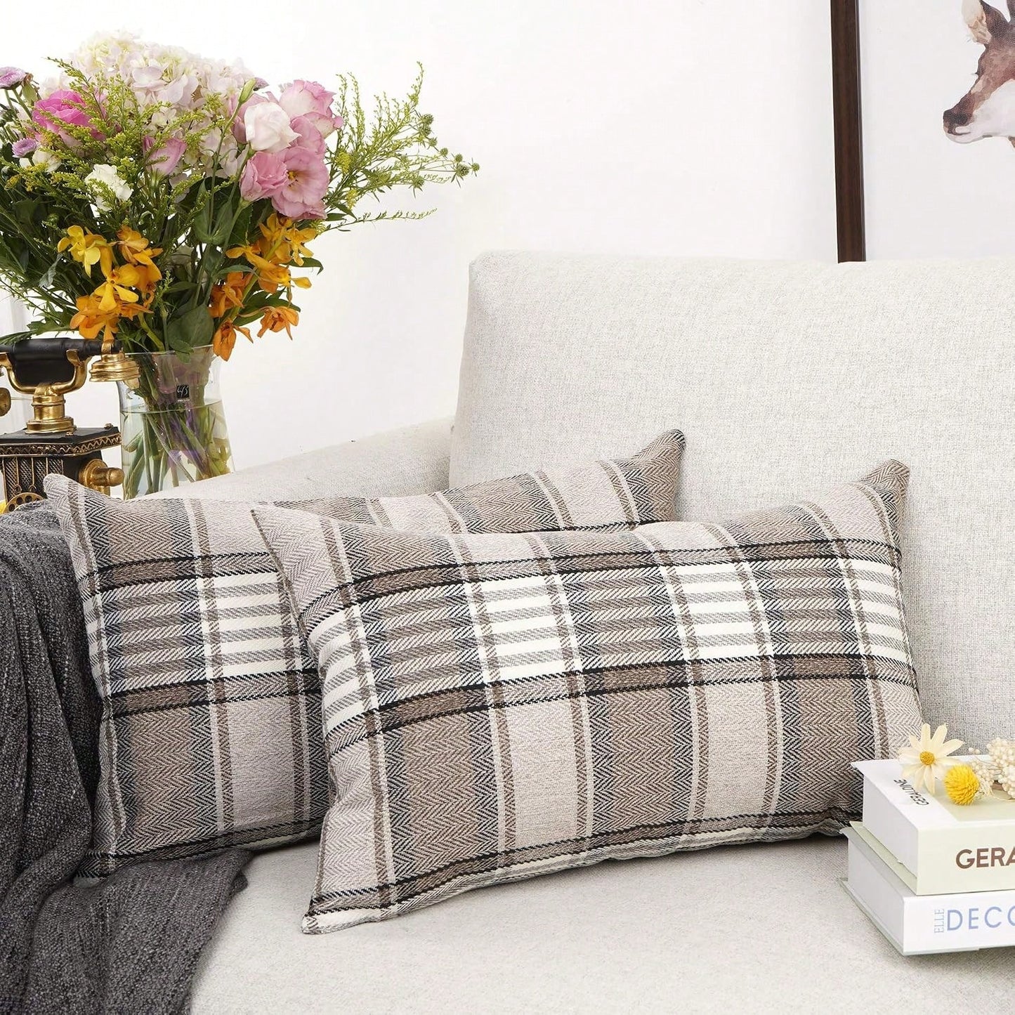 2pcs Neutral Brown Plaid Pillow Covers, Vintage Herringbone Plaid Cushion Covers, Linen Texture Country Style Decorative Pillow Covers, Suitable For Sofa And Bedroom Home Decor, Pillow Insert Not Incl