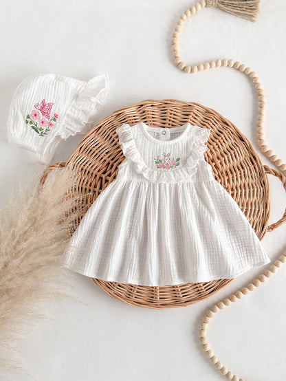 2pcs Newborn Baby Girl Floral Pattern Ruffled Dress & Hat Set, Cute Summer Outfit
