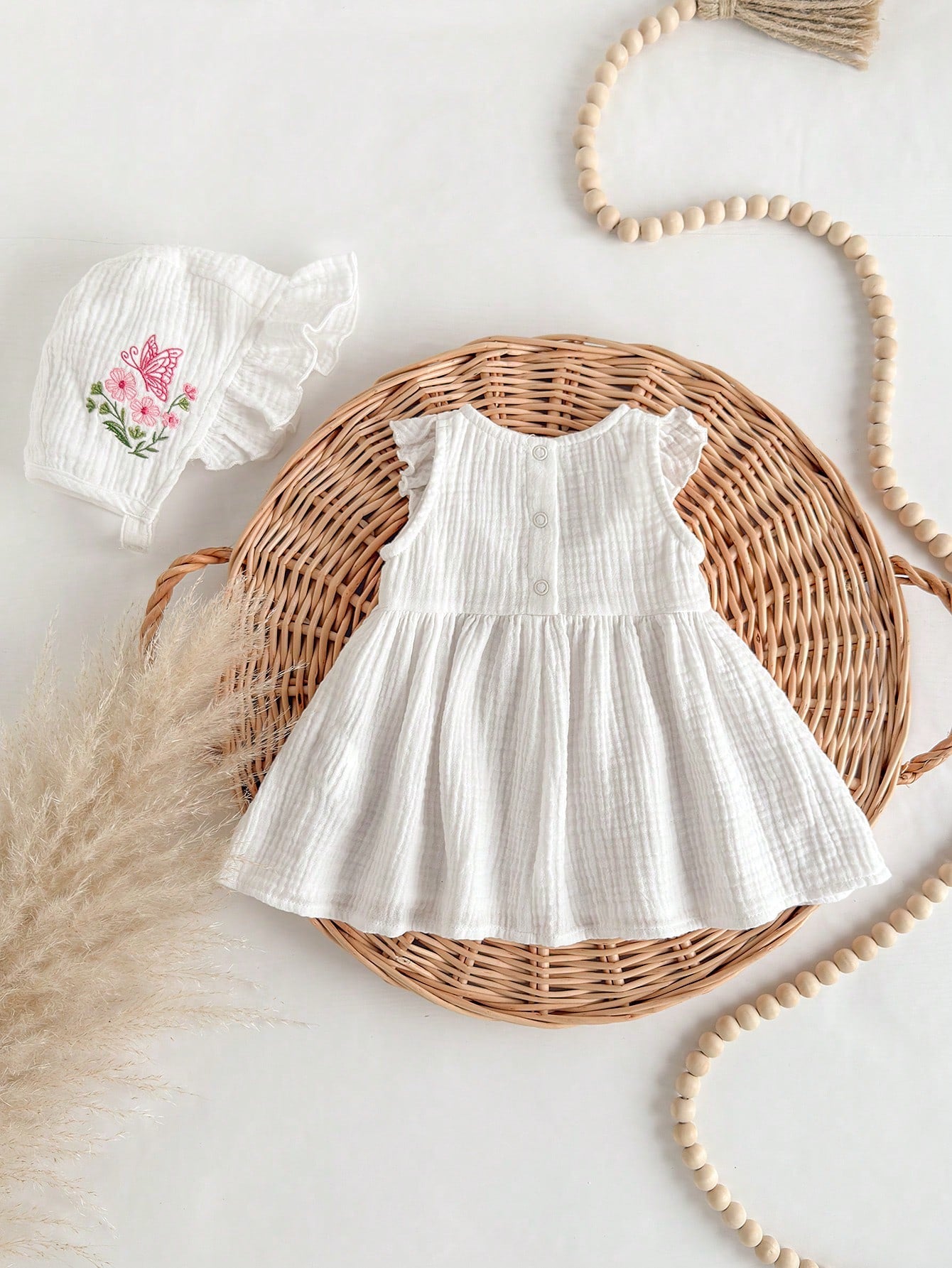 2pcs Newborn Baby Girl Floral Pattern Ruffled Dress & Hat Set, Cute Summer Outfit