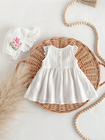 2pcs Newborn Baby Girl Floral Pattern Ruffled Dress & Hat Set, Cute Summer Outfit