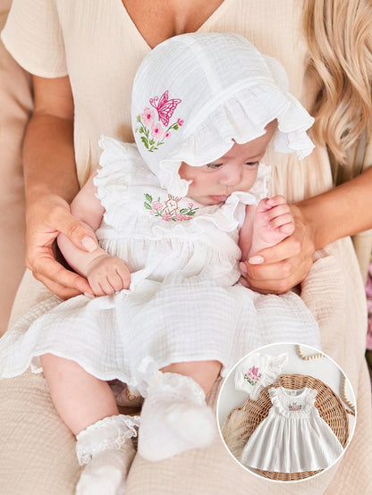 2pcs Newborn Baby Girl Floral Pattern Ruffled Dress & Hat Set, Cute Summer Outfit
