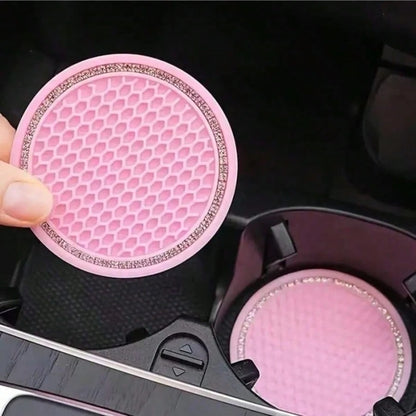 2pcs Pink Diamond Shiny Silicone Cup Coasters! Unique Texture Non-Slip And Stable, Highly Attractive Design Fits Car Cup Holders, Universal Vehicle Interior Accessories, Car Cup Coasters
