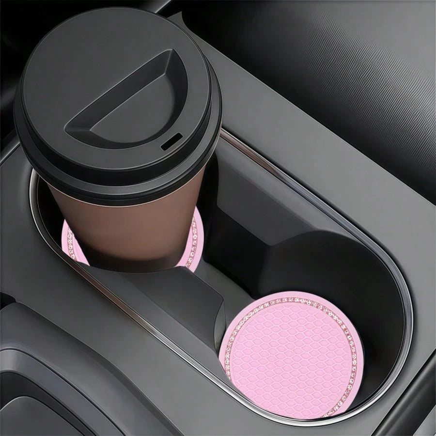 2pcs Pink Diamond Shiny Silicone Cup Coasters! Unique Texture Non-Slip And Stable, Highly Attractive Design Fits Car Cup Holders, Universal Vehicle Interior Accessories, Car Cup Coasters