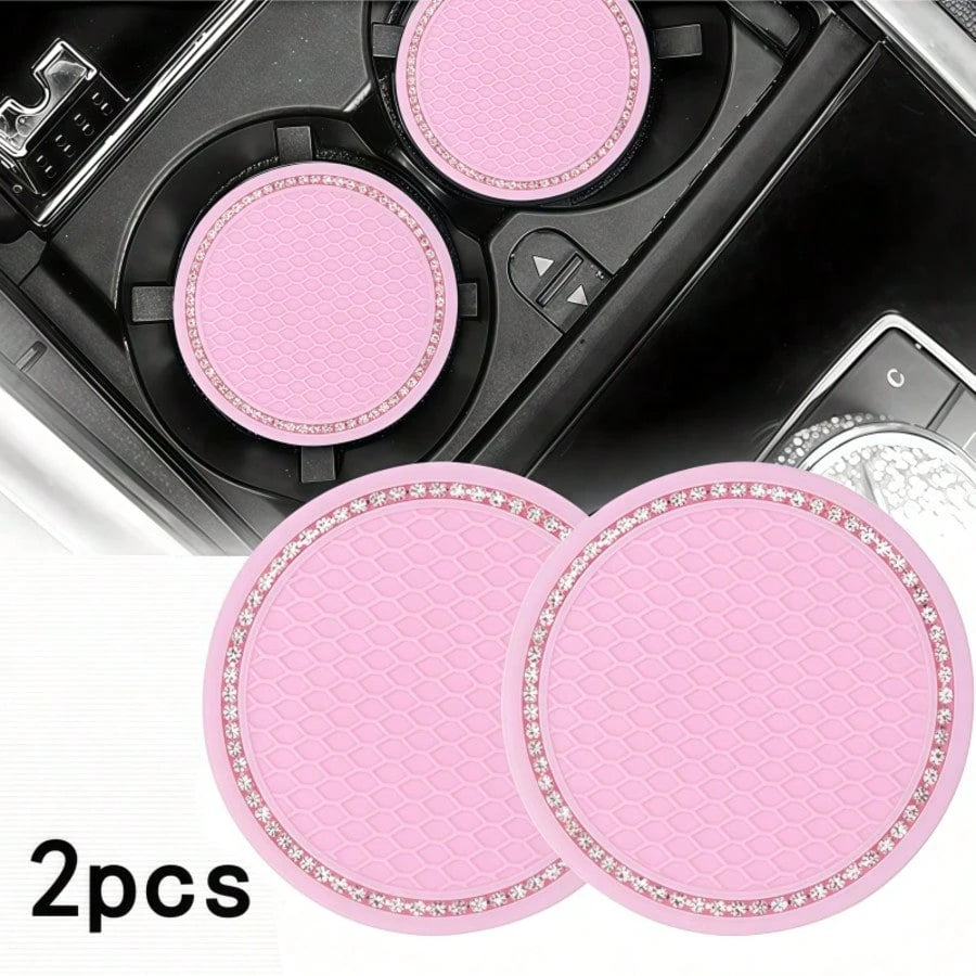 2pcs Pink Diamond Shiny Silicone Cup Coasters! Unique Texture Non-Slip And Stable, Highly Attractive Design Fits Car Cup Holders, Universal Vehicle Interior Accessories, Car Cup Coasters