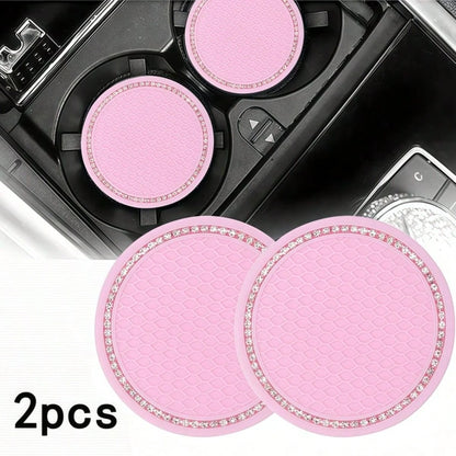 2pcs Pink Diamond Shiny Silicone Cup Coasters! Unique Texture Non-Slip And Stable, Highly Attractive Design Fits Car Cup Holders, Universal Vehicle Interior Accessories, Car Cup Coasters