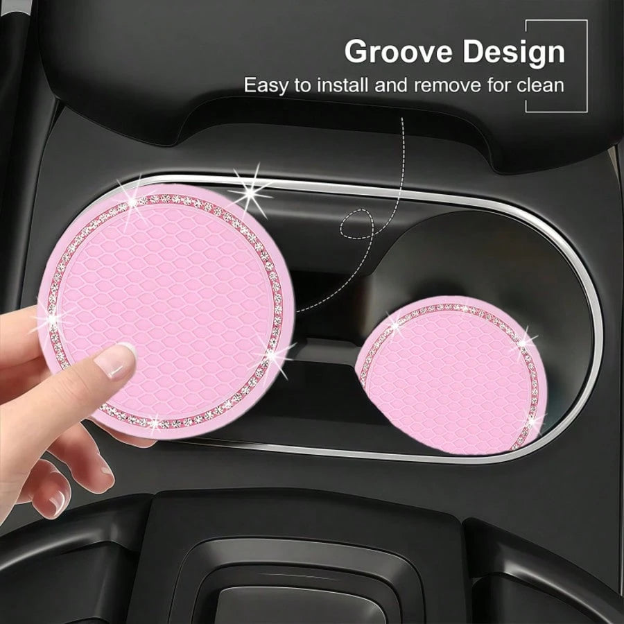 2pcs Pink Diamond Shiny Silicone Cup Coasters! Unique Texture Non-Slip And Stable, Highly Attractive Design Fits Car Cup Holders, Universal Vehicle Interior Accessories, Car Cup Coasters