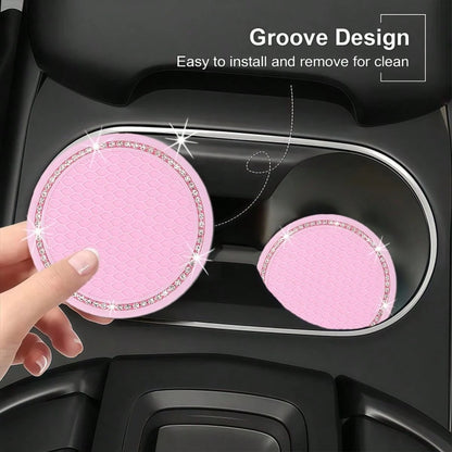 2pcs Pink Diamond Shiny Silicone Cup Coasters! Unique Texture Non-Slip And Stable, Highly Attractive Design Fits Car Cup Holders, Universal Vehicle Interior Accessories, Car Cup Coasters