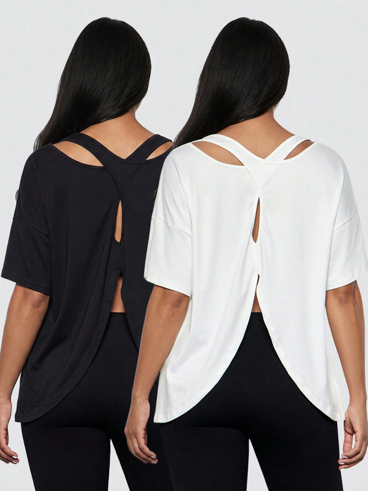 2pcs Plus Size Women Sports T-Shirt, Fitness Tops, Yoga Tops, Casual Everyday Wear,White Tops,Black Top,Women's Sportswear