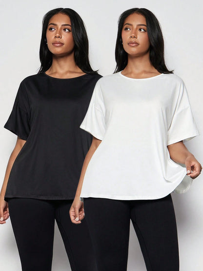 2pcs Plus Size Women Sports T-Shirt, Fitness Tops, Yoga Tops, Casual Everyday Wear,White Tops,Black Top,Women's Sportswear