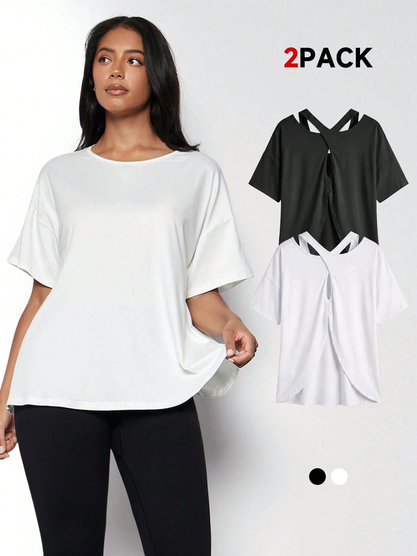 2pcs Plus Size Women Sports T-Shirt, Fitness Tops, Yoga Tops, Casual Everyday Wear,White Tops,Black Top,Women's Sportswear
