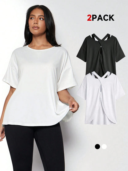 2pcs Plus Size Women Sports T-Shirt, Fitness Tops, Yoga Tops, Casual Everyday Wear,White Tops,Black Top,Women's Sportswear