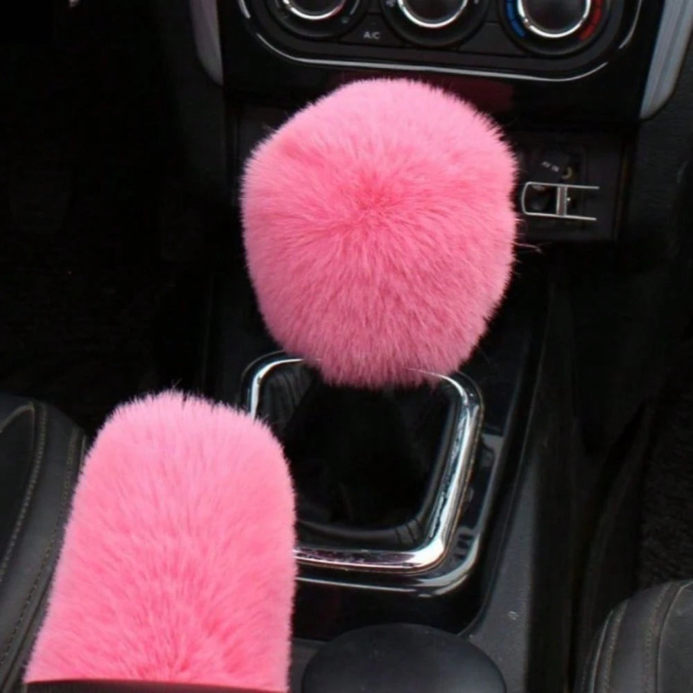 2pcs Plush Handbrake Cover And Gear Shift Knob Cover, Soft Faux Fur, Fit For Manual Transmission, Universal Car Accessories