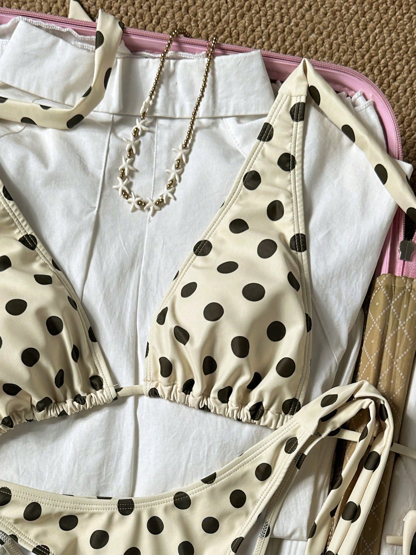 2pcs Polka Dot Elegant Halter Backless Bikini Top With Waist Tie Swimwear Bottom, Women Summer Swimwear Set For Beach, Pool, Water Sports Vacation, Resort Wear