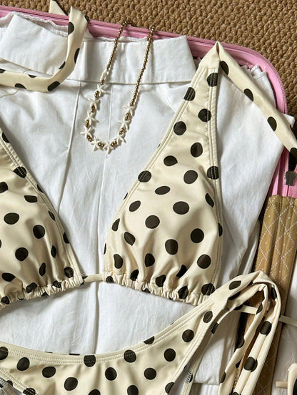 2pcs Polka Dot Elegant Halter Backless Bikini Top With Waist Tie Swimwear Bottom, Women Summer Swimwear Set For Beach, Pool, Water Sports Vacation, Resort Wear