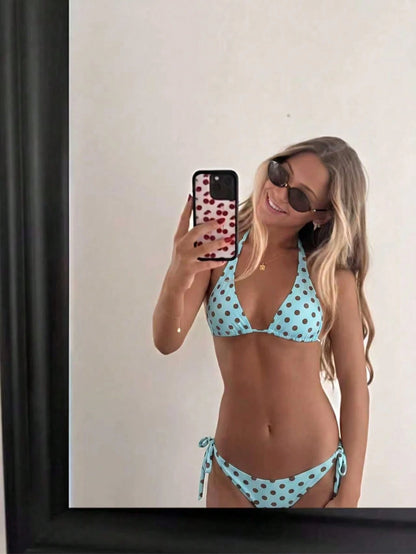 2pcs Polka Dot Elegant Halter Backless Bikini Top With Waist Tie Swimwear Bottom, Women Summer Swimwear Set For Beach, Pool, Water Sports Vacation, Resort Wear