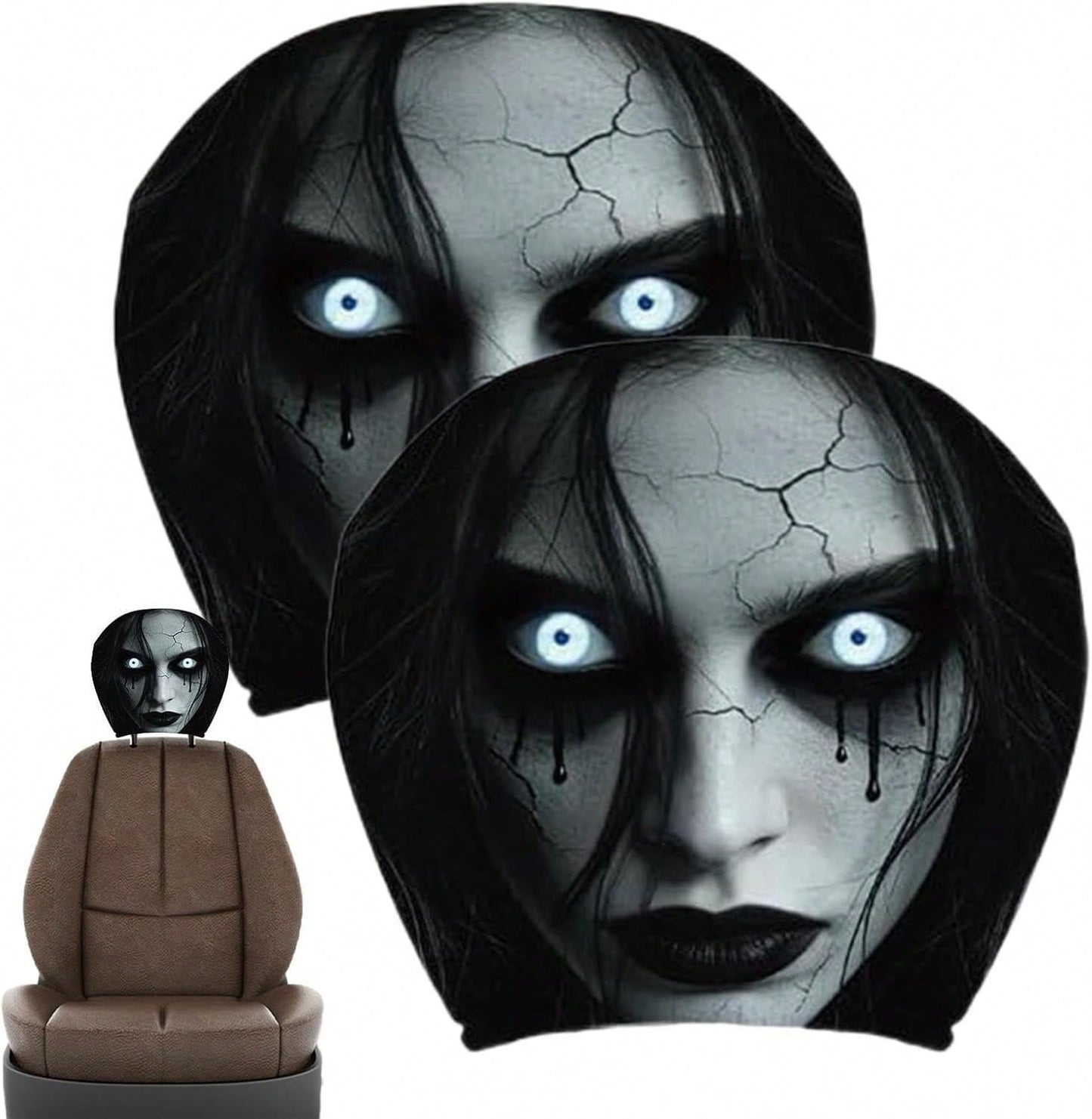 2PCS Scary Car Headrest Covers, Ghost Face Headrest Covers For Front Rear Seat, Humorous Head Rest Dust Protectors Fully-Surrounded, Elastic & Washable Cars Accessories For Auto Decor