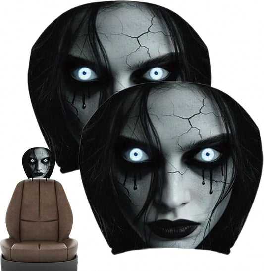 2PCS Scary Car Headrest Covers, Ghost Face Headrest Covers For Front Rear Seat, Humorous Head Rest Dust Protectors Fully-Surrounded, Elastic & Washable Cars Accessories For Auto Decor
