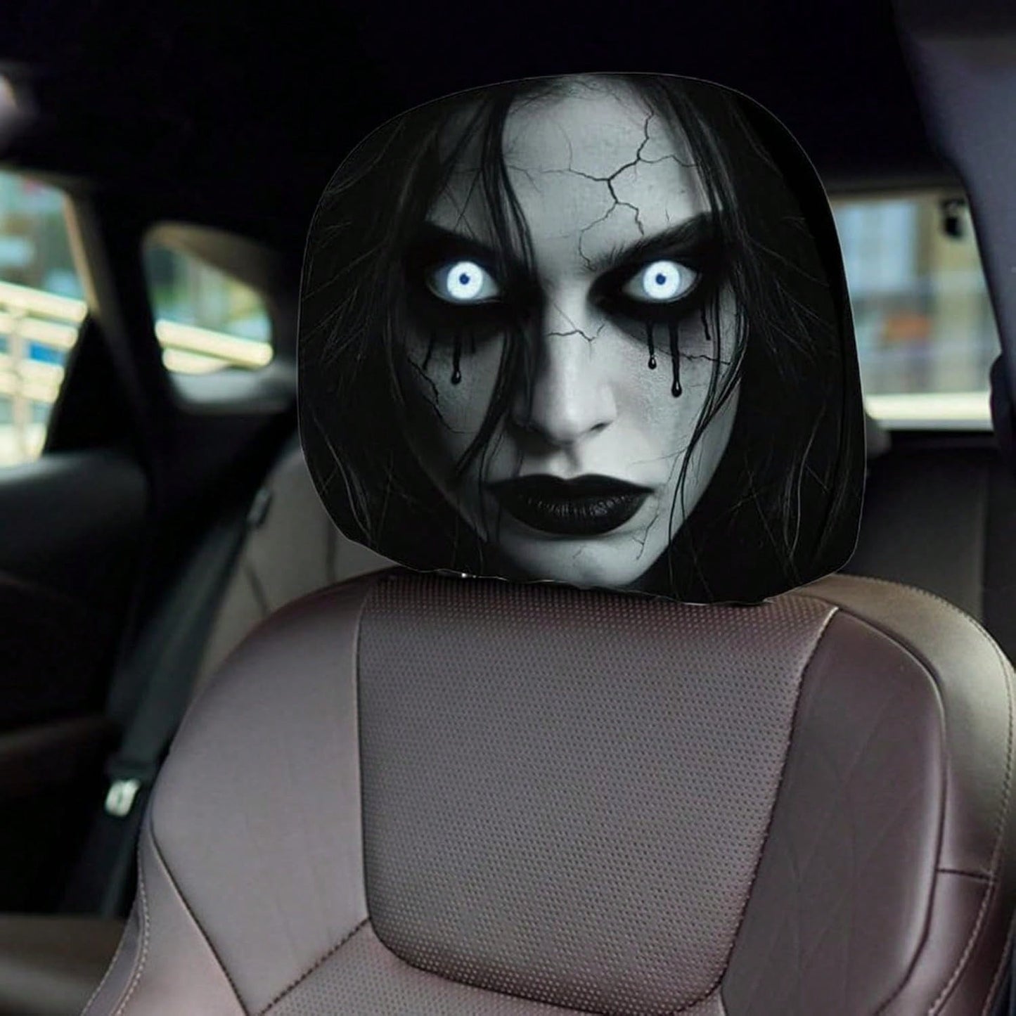 2PCS Scary Car Headrest Covers, Ghost Face Headrest Covers For Front Rear Seat, Humorous Head Rest Dust Protectors Fully-Surrounded, Elastic & Washable Cars Accessories For Auto Decor