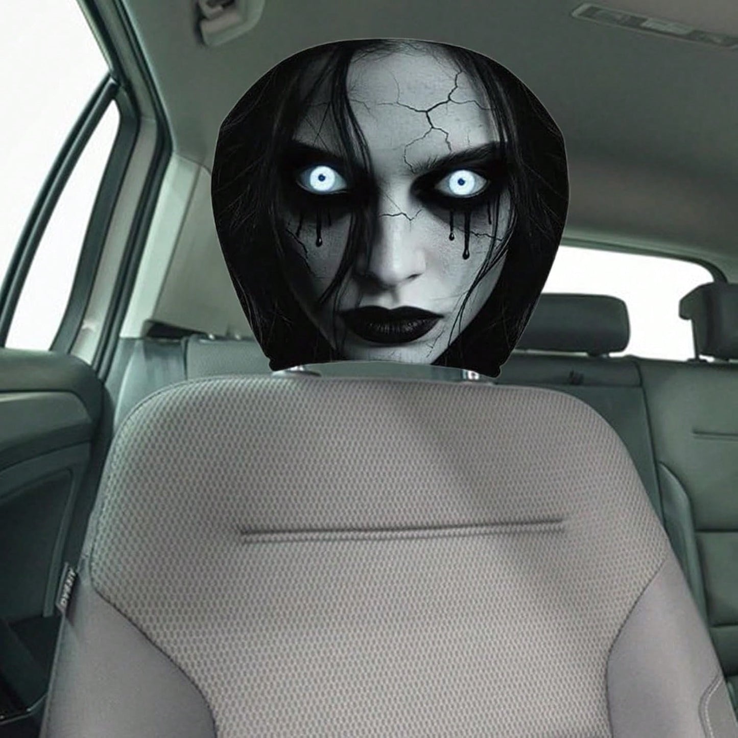 2PCS Scary Car Headrest Covers, Ghost Face Headrest Covers For Front Rear Seat, Humorous Head Rest Dust Protectors Fully-Surrounded, Elastic & Washable Cars Accessories For Auto Decor