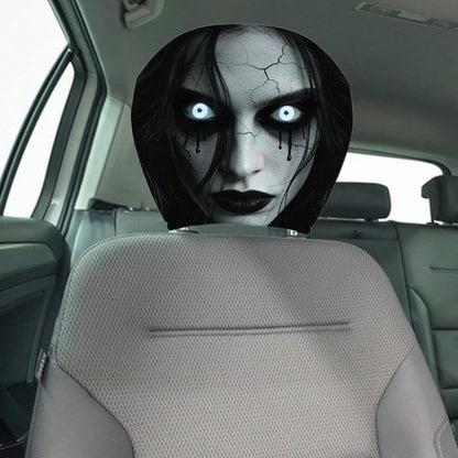 2PCS Scary Car Headrest Covers, Ghost Face Headrest Covers For Front Rear Seat, Humorous Head Rest Dust Protectors Fully-Surrounded, Elastic & Washable Cars Accessories For Auto Decor