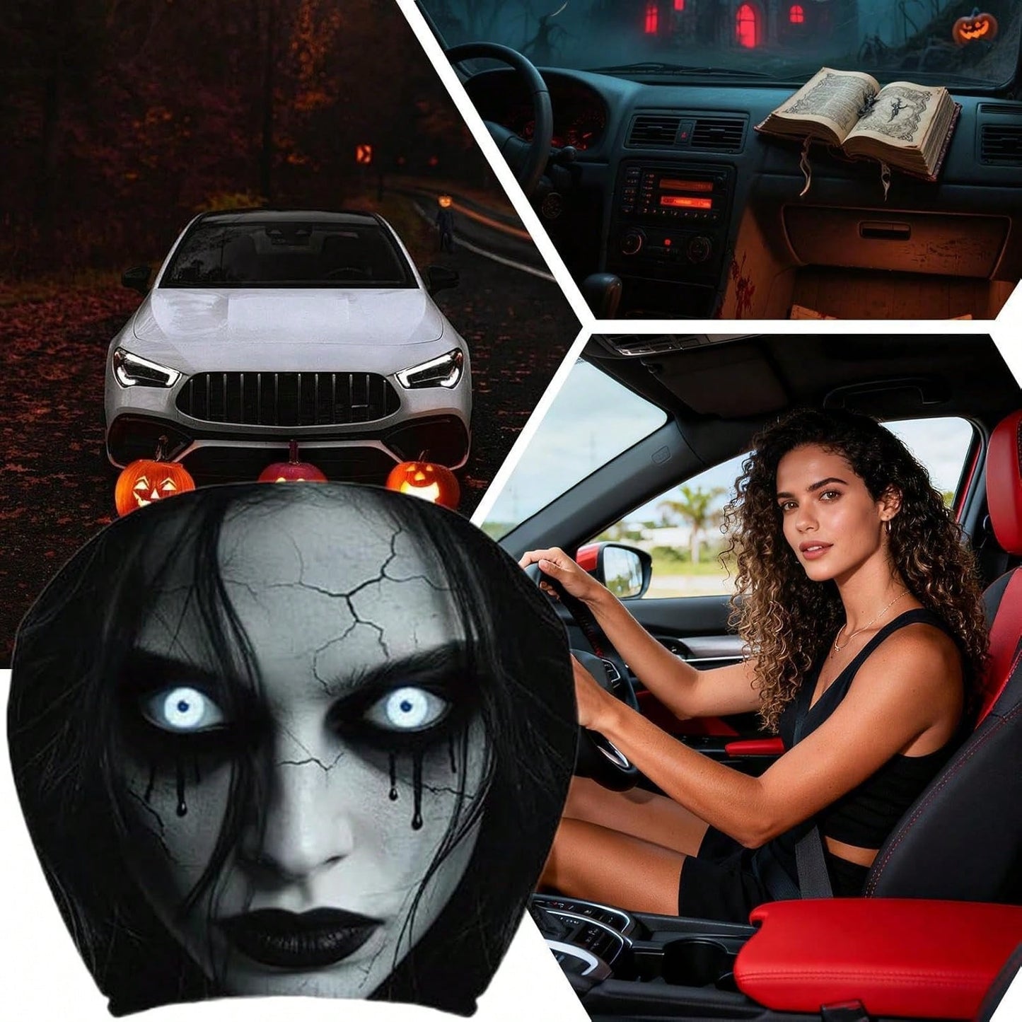 2PCS Scary Car Headrest Covers, Ghost Face Headrest Covers For Front Rear Seat, Humorous Head Rest Dust Protectors Fully-Surrounded, Elastic & Washable Cars Accessories For Auto Decor