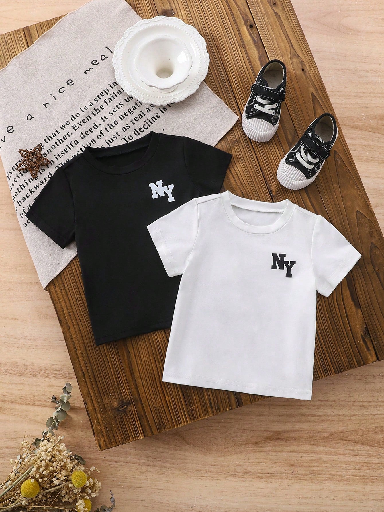 2pcs/Set Baby/Baby Boy Casual All-Match Black And White T-Shirts With Simple Letter Prints, Suitable For Summer Wear, Versatile For All Occasions