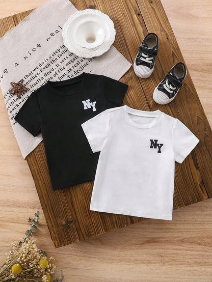 2pcs/Set Baby/Baby Boy Casual All-Match Black And White T-Shirts With Simple Letter Prints, Suitable For Summer Wear, Versatile For All Occasions