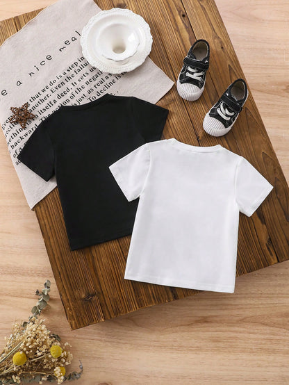 2pcs/Set Baby/Baby Boy Casual All-Match Black And White T-Shirts With Simple Letter Prints, Suitable For Summer Wear, Versatile For All Occasions