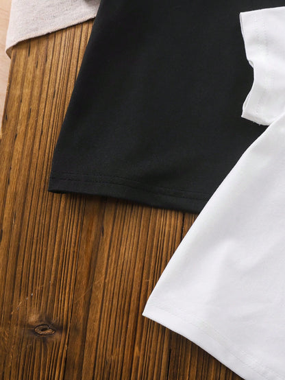 2pcs/Set Baby/Baby Boy Casual All-Match Black And White T-Shirts With Simple Letter Prints, Suitable For Summer Wear, Versatile For All Occasions