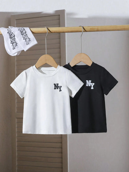 2pcs/Set Baby/Baby Boy Casual All-Match Black And White T-Shirts With Simple Letter Prints, Suitable For Summer Wear, Versatile For All Occasions