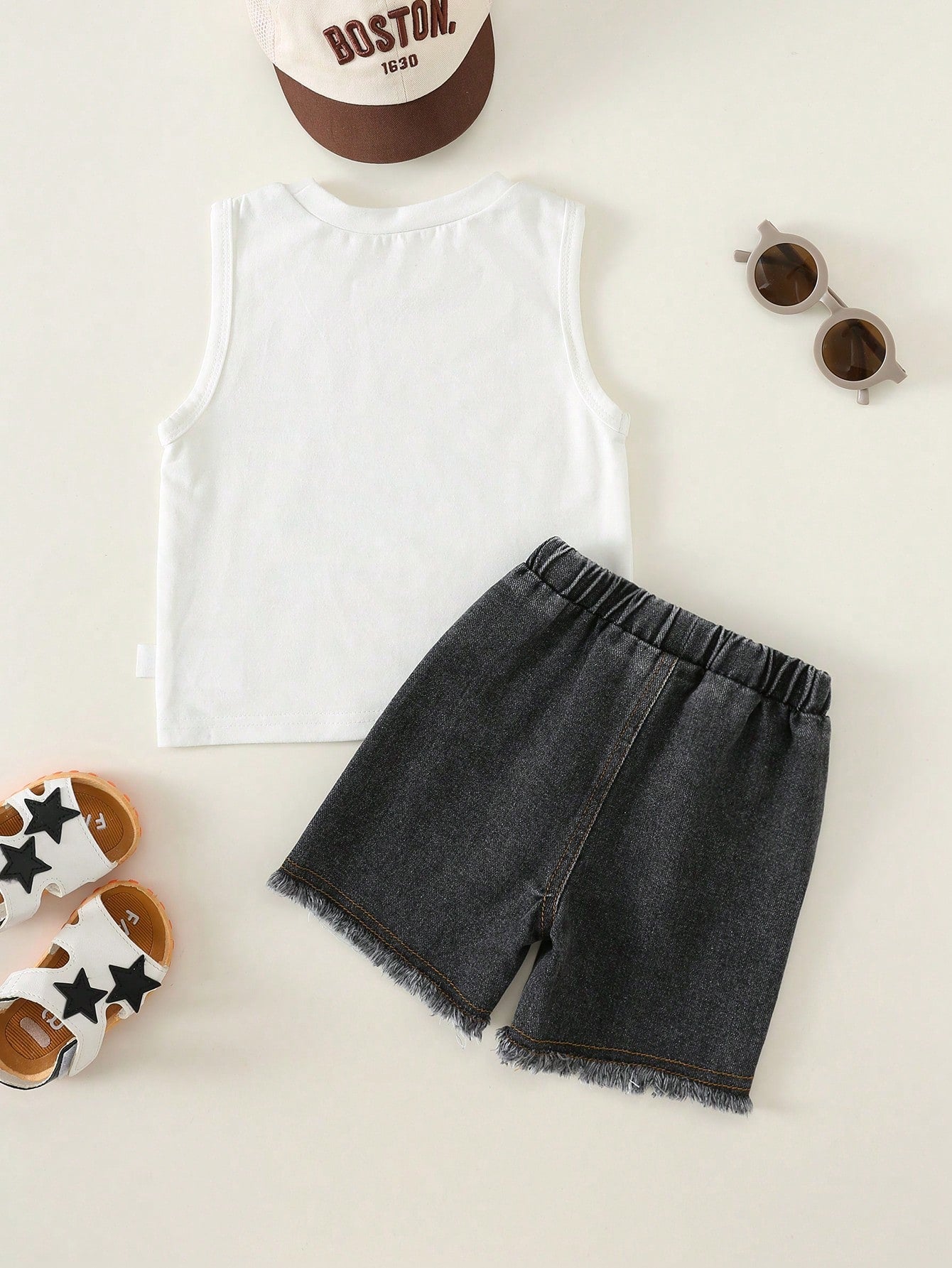 2pcs/Set Baby Boy Casual Cute Car Graphic Knit Tank Top & Denim Shorts Set, Tank Top Set, Denim Set, Racing Car Set