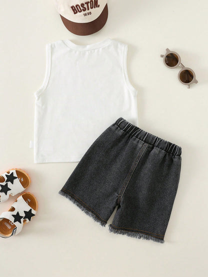 2pcs/Set Baby Boy Casual Cute Car Graphic Knit Tank Top & Denim Shorts Set, Tank Top Set, Denim Set, Racing Car Set