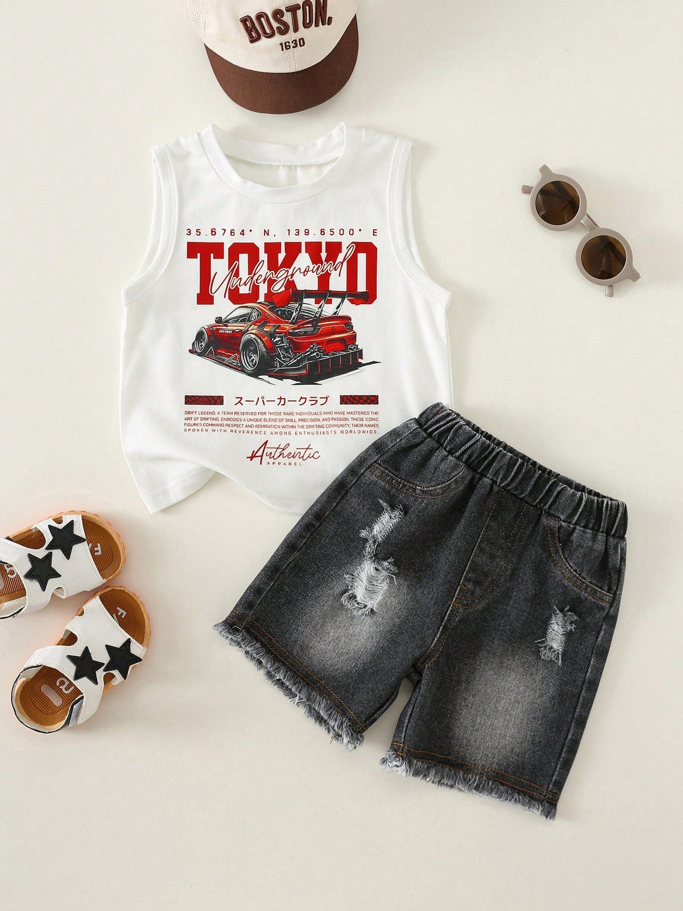 2pcs/Set Baby Boy Casual Cute Car Graphic Knit Tank Top & Denim Shorts Set, Tank Top Set, Denim Set, Racing Car Set