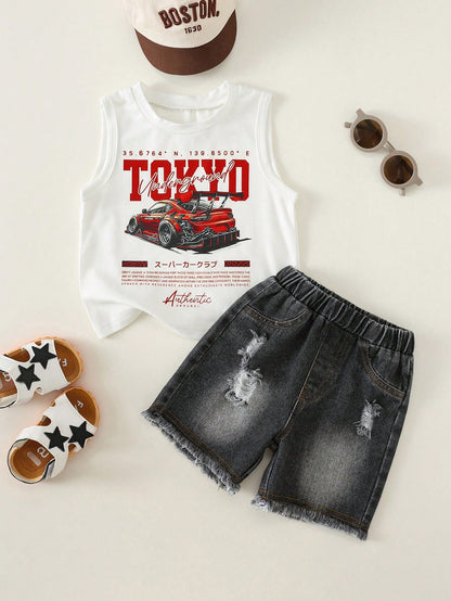 2pcs/Set Baby Boy Casual Cute Car Graphic Knit Tank Top & Denim Shorts Set, Tank Top Set, Denim Set, Racing Car Set