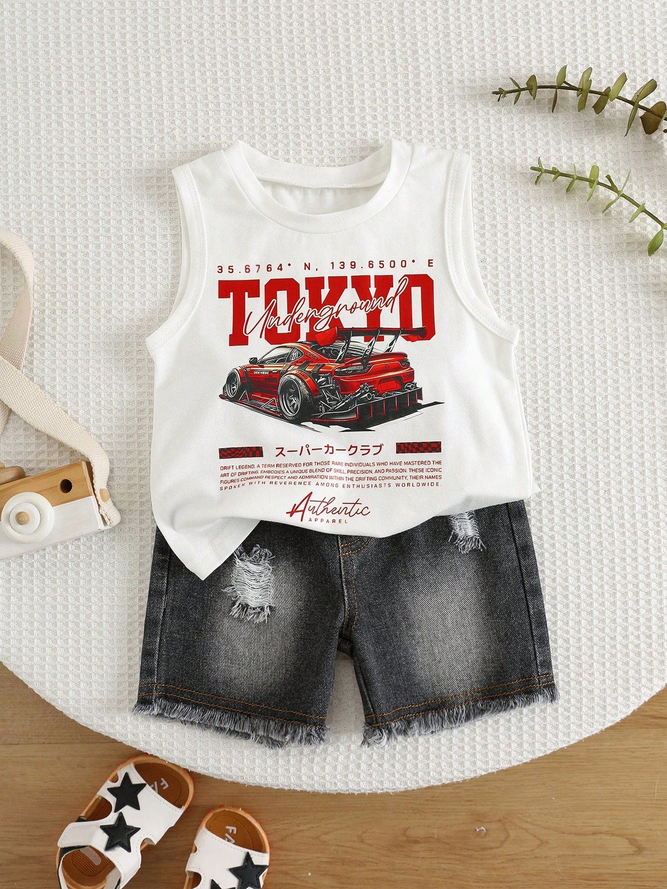 2pcs/Set Baby Boy Casual Cute Car Graphic Knit Tank Top & Denim Shorts Set, Tank Top Set, Denim Set, Racing Car Set