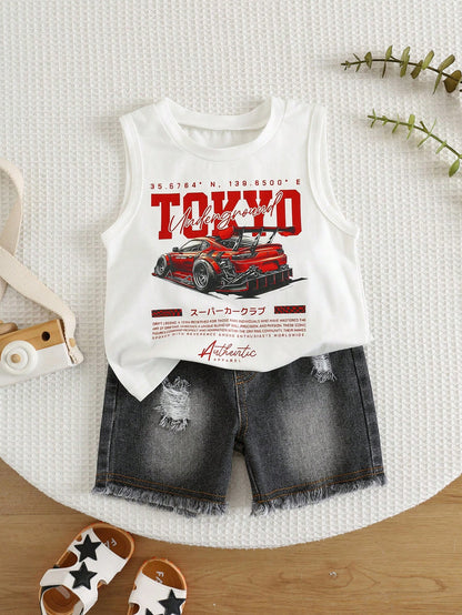 2pcs/Set Baby Boy Casual Cute Car Graphic Knit Tank Top & Denim Shorts Set, Tank Top Set, Denim Set, Racing Car Set