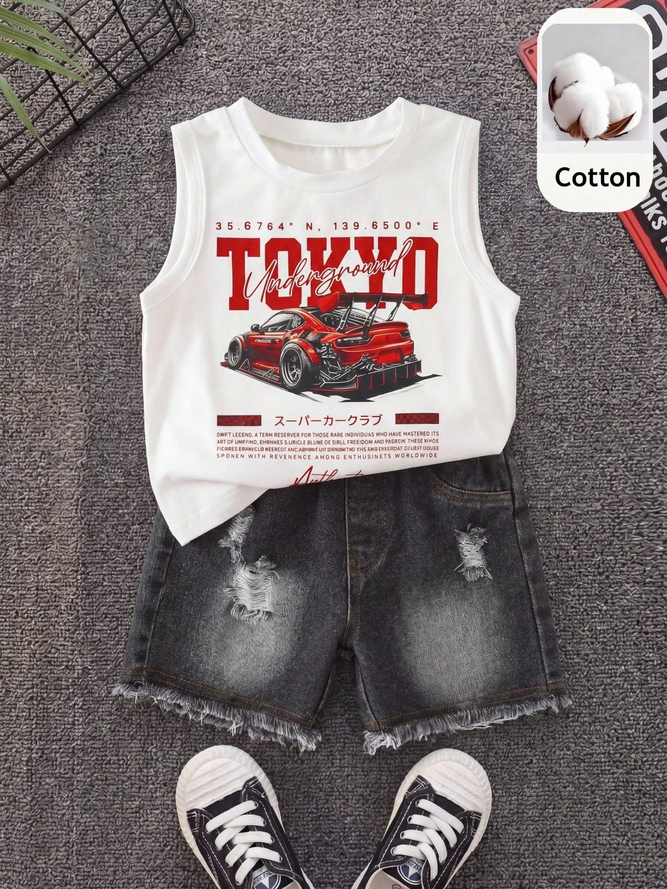 2pcs/Set Baby Boy Casual Cute Car Graphic Knit Tank Top & Denim Shorts Set, Tank Top Set, Denim Set, Racing Car Set
