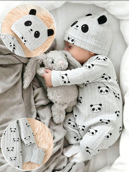 2pcs/Set Baby Boy Ribbed Fabric Bear Print Long Sleeve Romper & 3D Bear Ear Hat, Suitable For Casual, Outdoor, Vacation And Other Occasions, Versatile