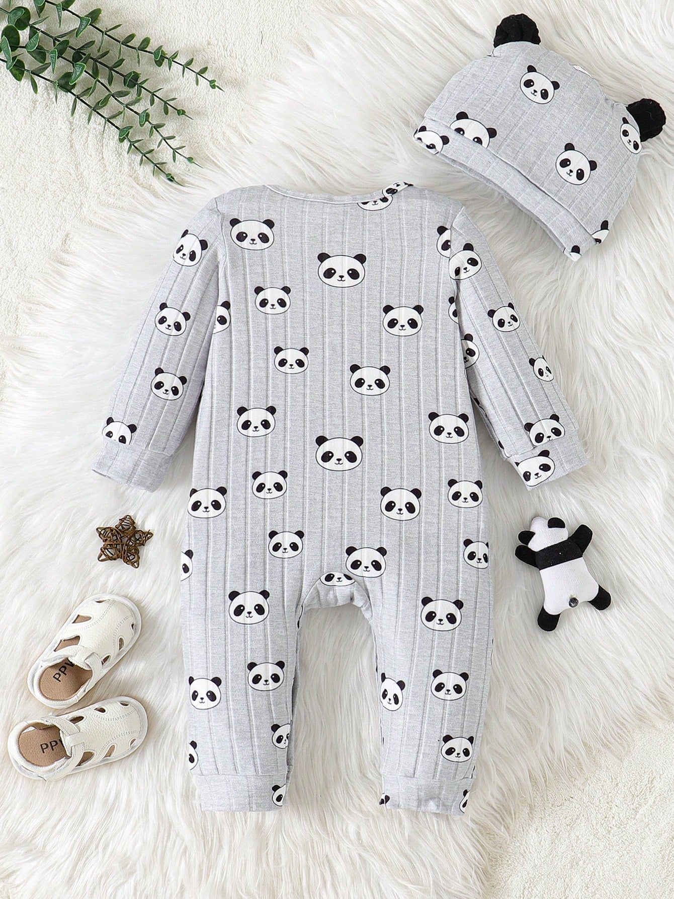 2pcs/Set Baby Boy Ribbed Fabric Bear Print Long Sleeve Romper & 3D Bear Ear Hat, Suitable For Casual, Outdoor, Vacation And Other Occasions, Versatile