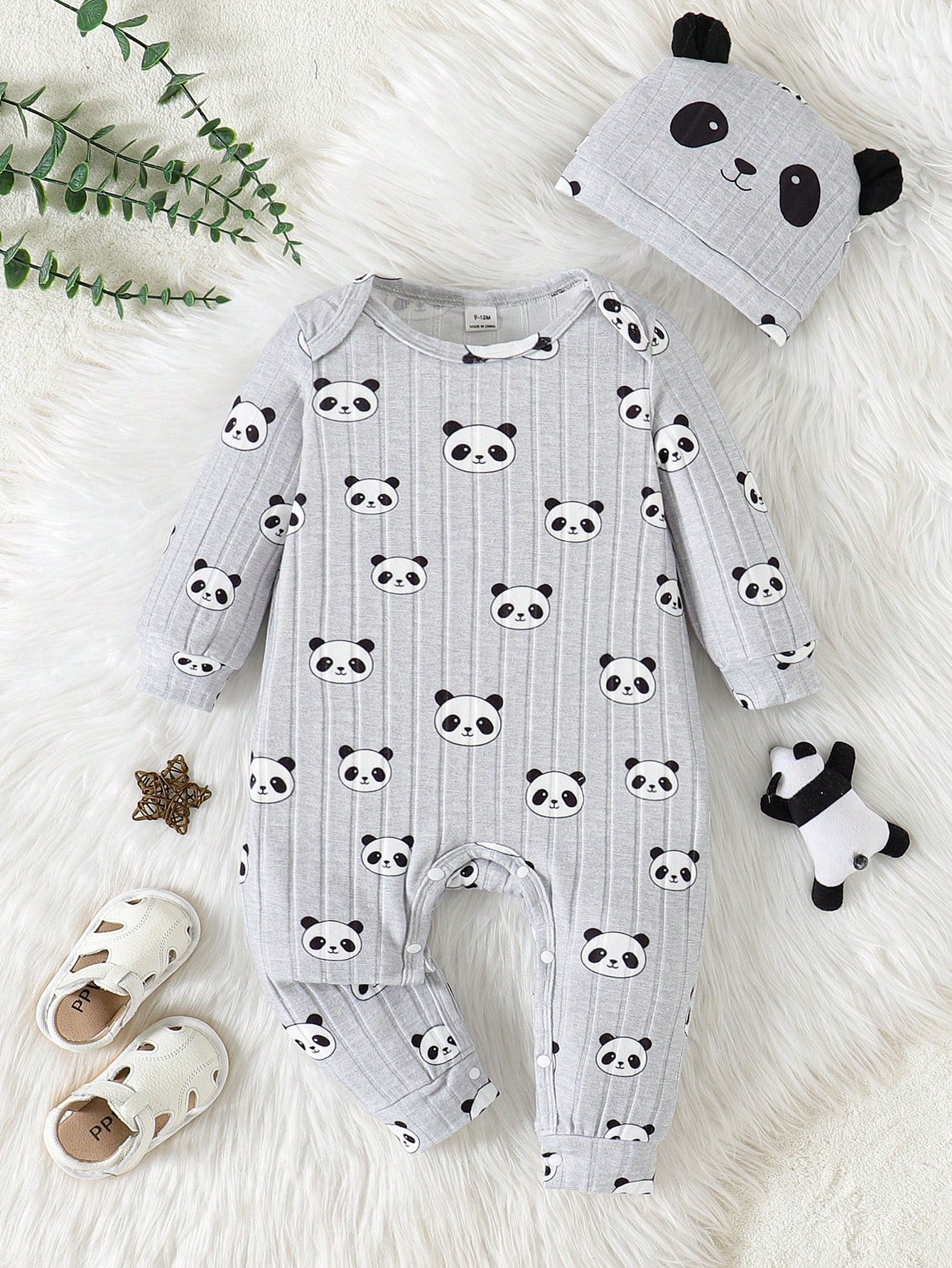 2pcs/Set Baby Boy Ribbed Fabric Bear Print Long Sleeve Romper & 3D Bear Ear Hat, Suitable For Casual, Outdoor, Vacation And Other Occasions, Versatile