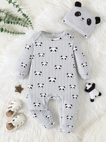 2pcs/Set Baby Boy Ribbed Fabric Bear Print Long Sleeve Romper & 3D Bear Ear Hat, Suitable For Casual, Outdoor, Vacation And Other Occasions, Versatile