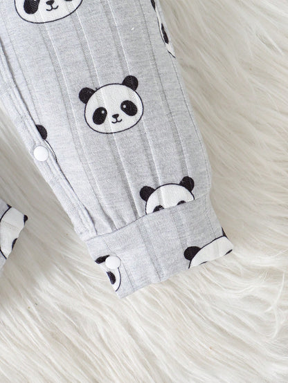 2pcs/Set Baby Boy Ribbed Fabric Bear Print Long Sleeve Romper & 3D Bear Ear Hat, Suitable For Casual, Outdoor, Vacation And Other Occasions, Versatile